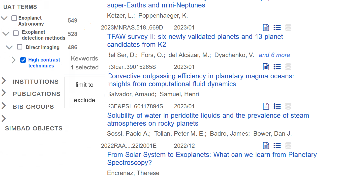 Example search results from ADS, showing UAT concepts as a facet query on the left side.